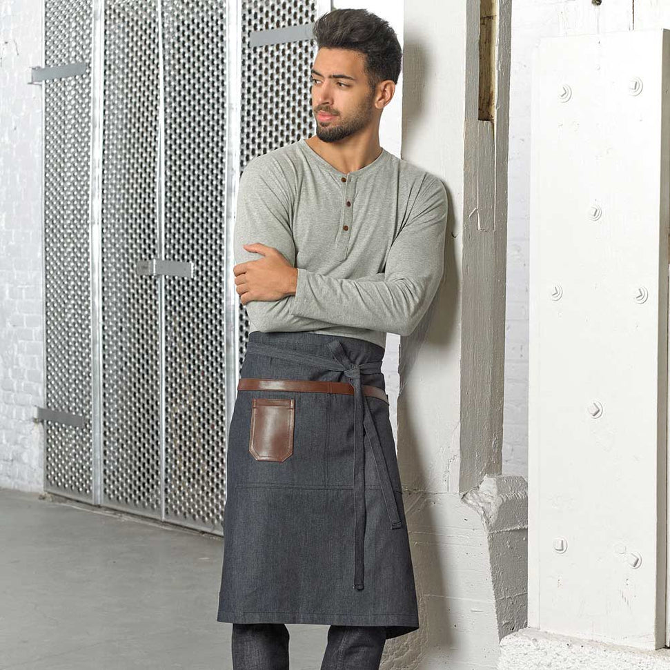 Barfly - 25.5" x 30.5" Metro Edge Wyatt Indigo Draper Denim Bistro Apron with Brown Leather Details - M63204DEN