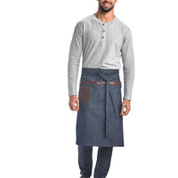 Barfly - 25.5" x 30.5" Metro Edge Wyatt Indigo Draper Denim Bistro Apron with Brown Leather Details - M63204DEN