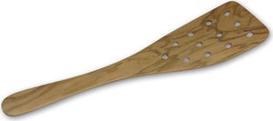 Berard - 12.5" Olivewood Curved Spatula with 12 Holes - 66476