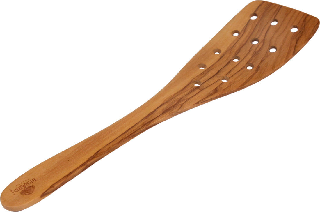Berard - 12.5" Olivewood Curved Spatula with 12 Holes - 66476