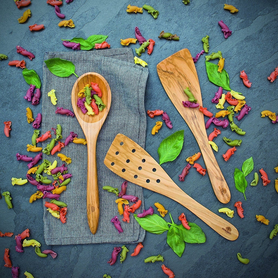 Berard - 12.5" Olivewood Curved Spatula with 12 Holes - 66476