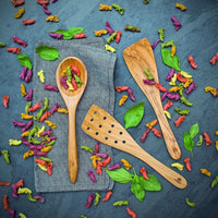 Berard - 12.5" Olivewood Curved Spatula with 12 Holes - 66476