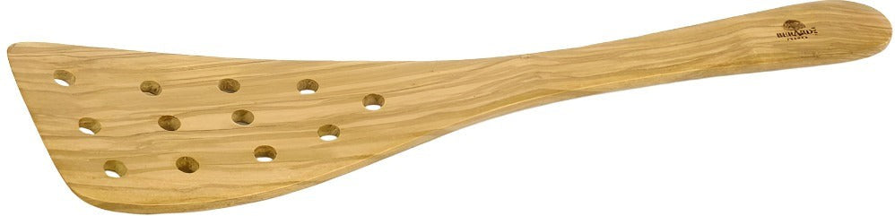 Berard - 12.5" Olivewood Curved Spatula with 12 Holes - 66476