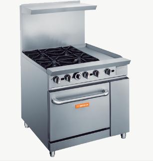 Brika - 36" Natural Gas Restaurant Range, 4 Open Burners and 12" Manual Griddle with Standard Oven, 195,000 BTU - BGR-4B-G12