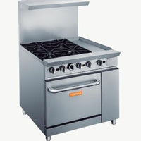 Brika - 36" Natural Gas Restaurant Range, 4 Open Burners and 12" Manual Griddle with Standard Oven, 195,000 BTU - BGR-4B-G12