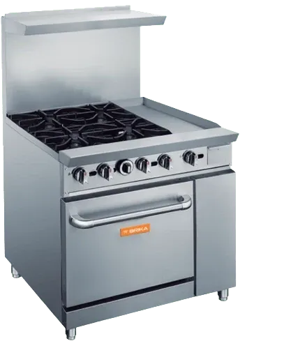 Brika - 36" Natural Gas Restaurant Range, 4 Open Burners and 12" Manual Griddle with Standard Oven, 195,000 BTU - BGR-4B-G12