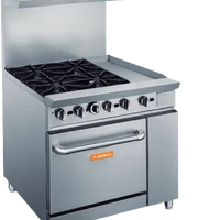 Brika - 36" Natural Gas Restaurant Range, 4 Open Burners and 12" Manual Griddle with Standard Oven, 195,000 BTU - BGR-4B-G12