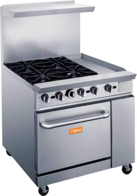 Brika - 36" Natural Gas Restaurant Range, 4 Open Burners and 12" Manual Griddle with Standard Oven, 195,000 BTU - BGR-4B-G12