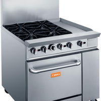 Brika - 36" Natural Gas Restaurant Range, 4 Open Burners and 12" Manual Griddle with Standard Oven, 195,000 BTU - BGR-4B-G12