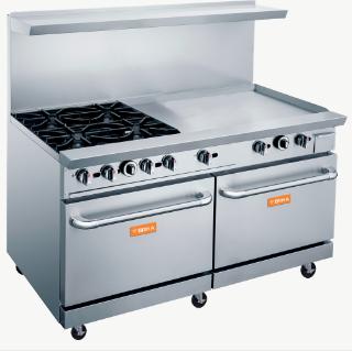Brika - 60" Natural Gas Restaurant Range, 4 Open Burners and 36" Manual Griddle with Two Standard Ovens, 286,000 BTU - BGR-4B-G36