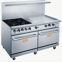 Brika - 60" Natural Gas Restaurant Range, 4 Open Burners and 36" Manual Griddle with Two Standard Ovens, 286,000 BTU - BGR-4B-G36