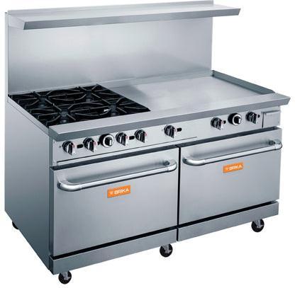 Brika - 60" Natural Gas Restaurant Range, 4 Open Burners and 36" Manual Griddle with Two Standard Ovens, 286,000 BTU - BGR-4B-G36