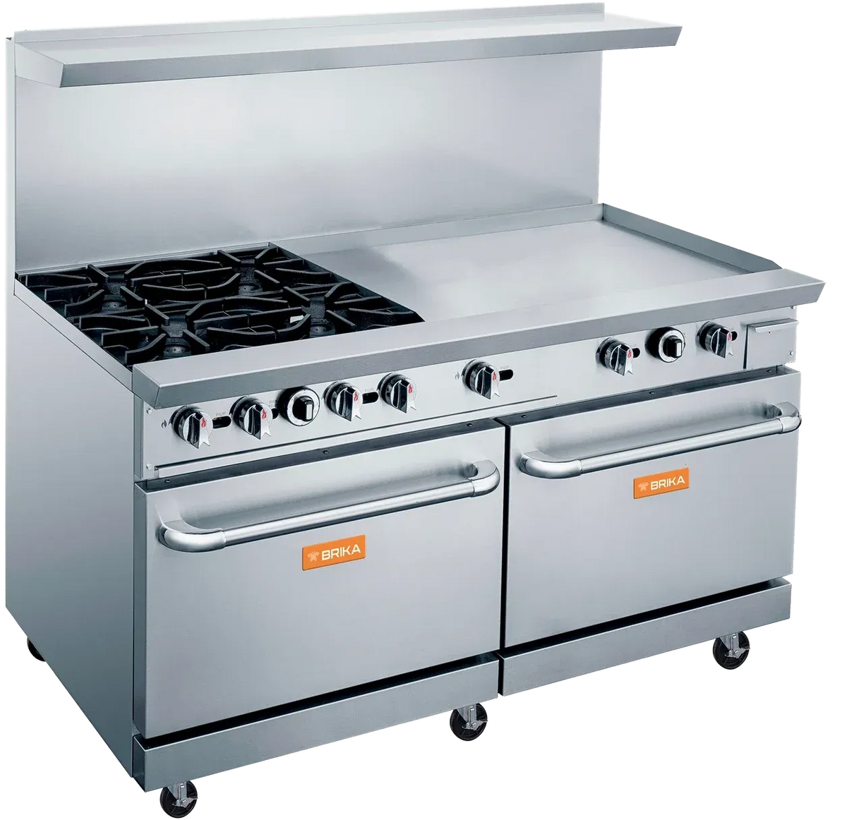 Brika - 60" Natural Gas Restaurant Range, 4 Open Burners and 36" Manual Griddle with Two Standard Ovens, 286,000 BTU - BGR-4B-G36