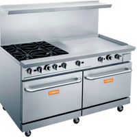 Brika - 60" Natural Gas Restaurant Range, 4 Open Burners and 36" Manual Griddle with Two Standard Ovens, 286,000 BTU - BGR-4B-G36