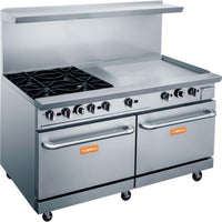 Brika - 60" Natural Gas Restaurant Range, 4 Open Burners and 36" Manual Griddle with Two Standard Ovens, 286,000 BTU - BGR-4B-G36
