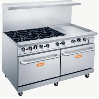 Brika - 60" Natural Gas Restaurant Range, 6 Open Burners and 24" Manual Griddle with Two Standard Ovens, 324,000 BTU - BGR-6B-G24