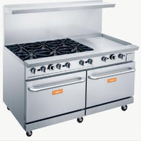 Brika - 60" Natural Gas Restaurant Range, 6 Open Burners and 24" Manual Griddle with Two Standard Ovens, 324,000 BTU - BGR-6B-G24