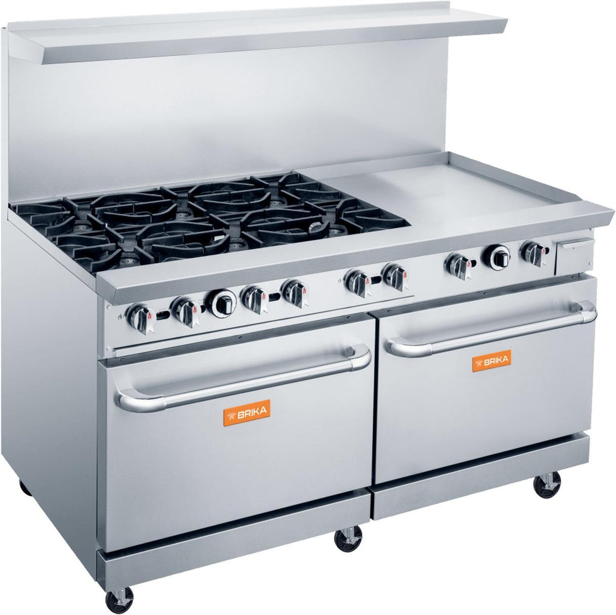 Brika - 60" Natural Gas Restaurant Range, 6 Open Burners and 24" Manual Griddle with Two Standard Ovens, 324,000 BTU - BGR-6B-G24