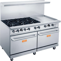 Brika - 60" Natural Gas Restaurant Range, 6 Open Burners and 24" Manual Griddle with Two Standard Ovens, 324,000 BTU - BGR-6B-G24