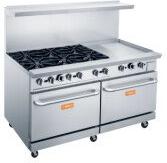 Brika - 60" Natural Gas Restaurant Range, 6 Open Burners and 24" Manual Griddle with Two Standard Ovens, 324,000 BTU - BGR-6B-G24
