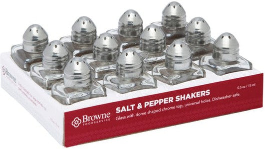 Browne - 0.5 Oz Classic Square Salt/Pepper Shakers Dome-Shaped Top with Universal Holes, Pack of 12 - 575225