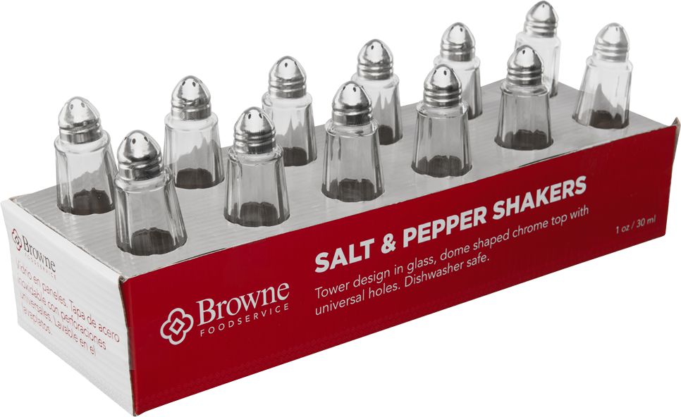 Browne - 1 Oz Salt & Pepper Glass Shaker Tower with Chrome Top, Pack of 72 - 575221