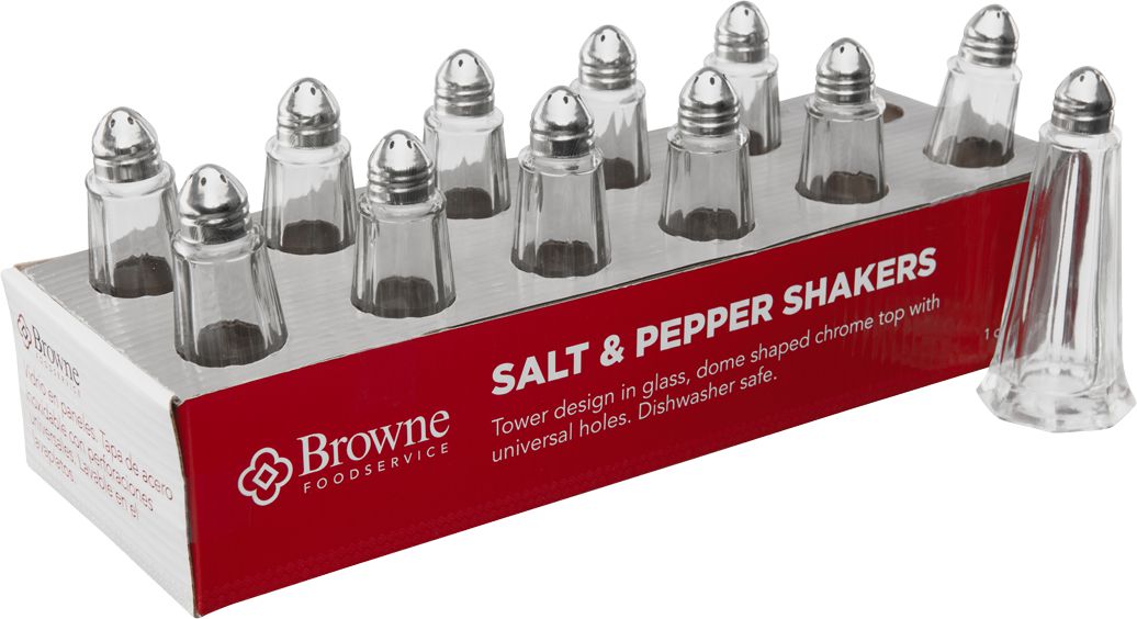 Browne - 1 Oz Salt & Pepper Glass Shaker Tower with Chrome Top, Pack of 72 - 575221