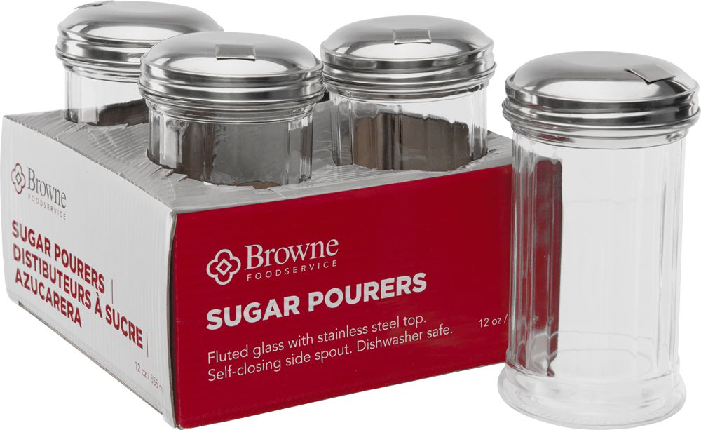 Browne - 12 Oz Fluted Glass Sugar Pourers with Stainless Steel Top, Pack of 4 - 575228