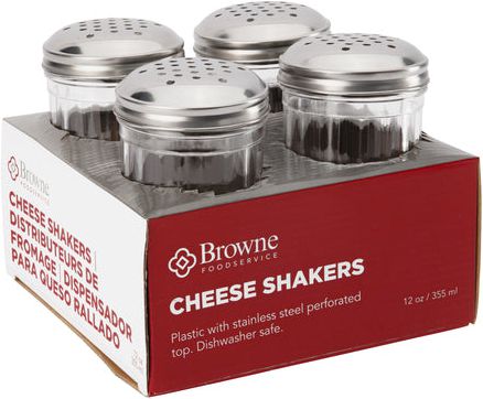 Browne - 12 Oz Plastic Cheese Shakers with Stainless Steel Perforated Top, Pack of 4 - 575233