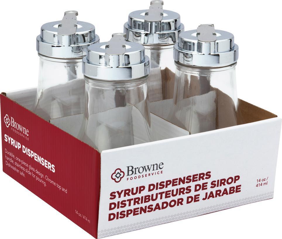 Browne - 14 Oz Syrup Dispenser with Chrome-Plated Stainless Steel Top Set, Pack of 4 - 575229