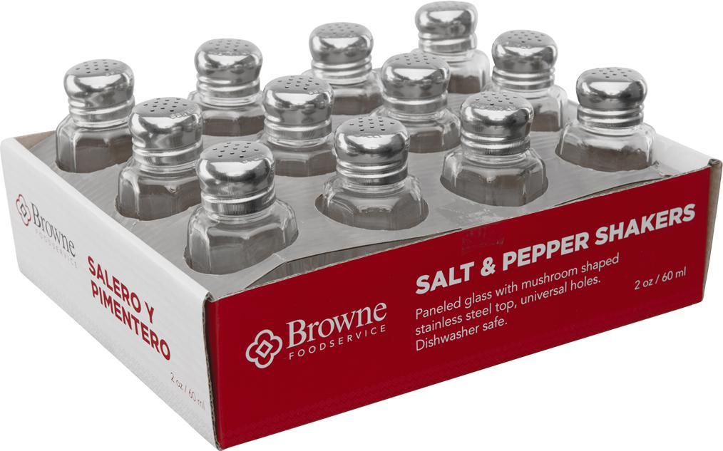 Browne - 2 Oz Salt & Pepper Glass Shakers with Stainless Steel Top, Pack of 12 - 575232