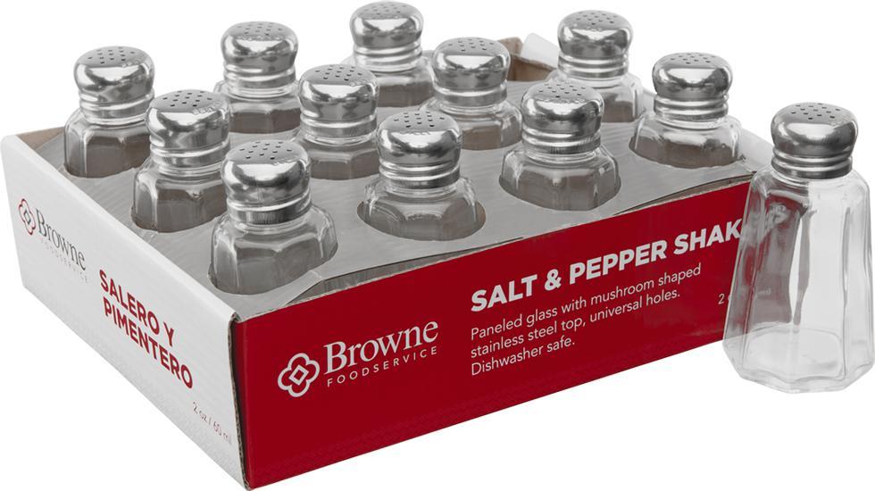 Browne - 2 Oz Salt & Pepper Glass Shakers with Stainless Steel Top, Pack of 12 - 575232