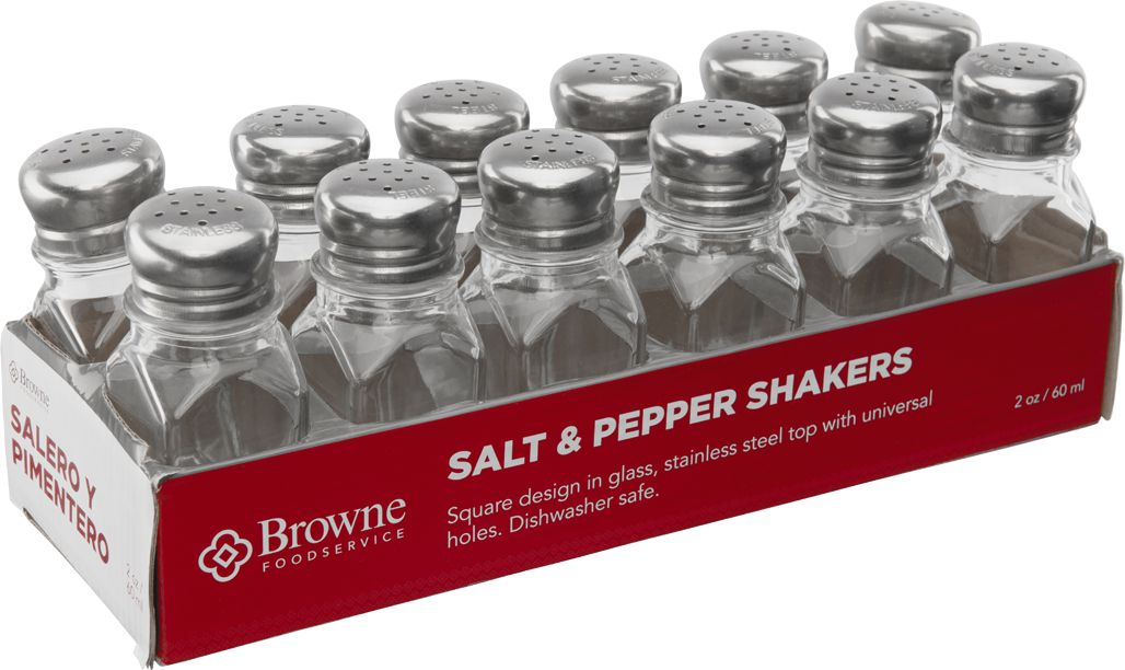 Browne - 3 Oz Salt & Pepper Glass Shaker Tower with Stainless Steel Mushroom Top, Pack of 72 - 575223