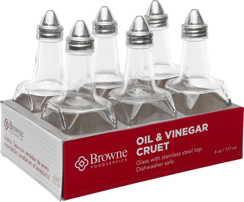 Browne - 6 Oz Oil & Vinegar Glass Dispenser with Stainless Steel Top, Pack of 6 - 575226