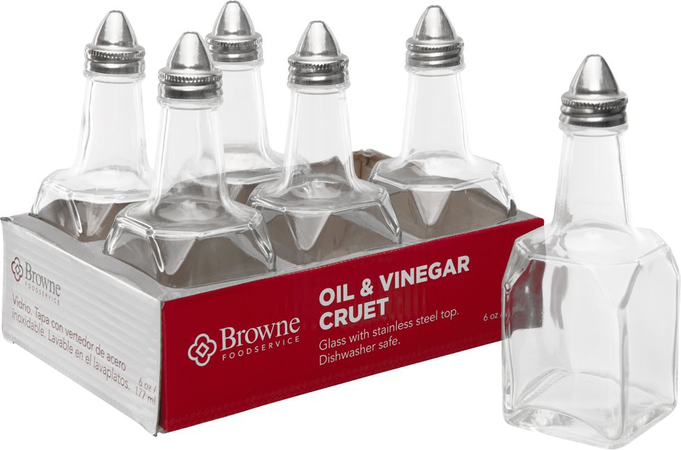 Browne - 6 Oz Oil & Vinegar Glass Dispenser with Stainless Steel Top, Pack of 6 - 575226