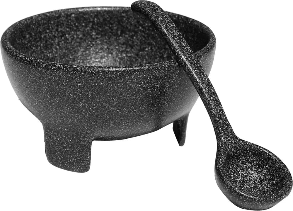Bugambilia - Classic 30.5 Oz Granite Black Round Cast Aluminum with Resin Coating Molcajete With Elegantly Textured - MJSR6GB