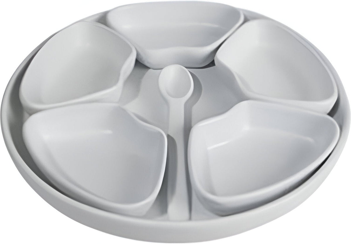 Bugambilia - Classic 3.94" White Round Ramekin Set (Tray, 5 Ramekins and Spoon) With Elegantly Textured - MJ501WW