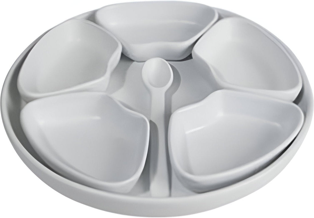 Bugambilia - Mod 12.6" White Round Ramekin Set (Tray, 5 Ramekins and Spoon) With Glossy Smooth Finish - MJ501-MOD-WW