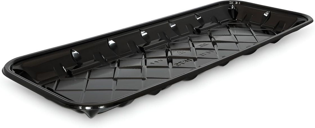 CKF Inc. - 14.4 x 5.5 x 0.9", #7S Black RPET Plastic Meat Tray, 200/Cs - 86520 (Special Order Item)