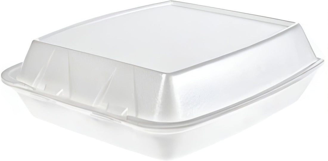 CKF Inc. - 8.7" x 8" x 3" Medium White Rectangular Foam Hinged Container, Pack of 200 - 87512