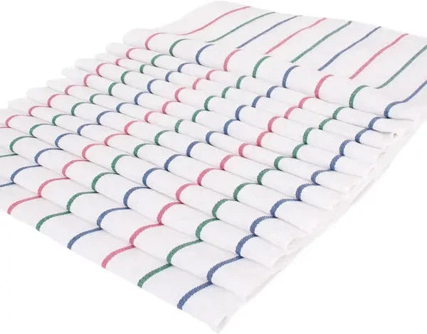Chef Revival - 20" x 28"Cotton White Herringbone Weave Multi Striped Towel, Pack of 12- H28S