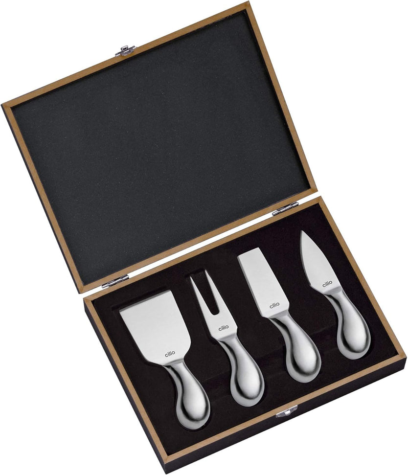Cilio - 4 Pc Piave Brushed Stainless Steel Cheese Knife in Wooden Box - C294804