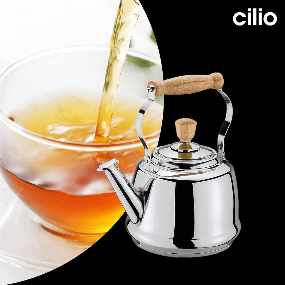 Cilio - Tradition 2.6 Qt Stainless Steel Tea Kettle with Wooden Handles - C430820