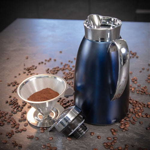 Cilio - Venezia 34 fl. oz. Blue Stainless Steel Insulated Beverage Server with Tempered Glass Liner - C543902