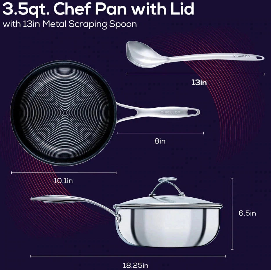 Circulon - 3.5 QT, 3.3 L C-Series Tri-Ply Clad Covered Nonstick Chef Pan with Lid and Stainless-Steel Scraping Spoon - 30017