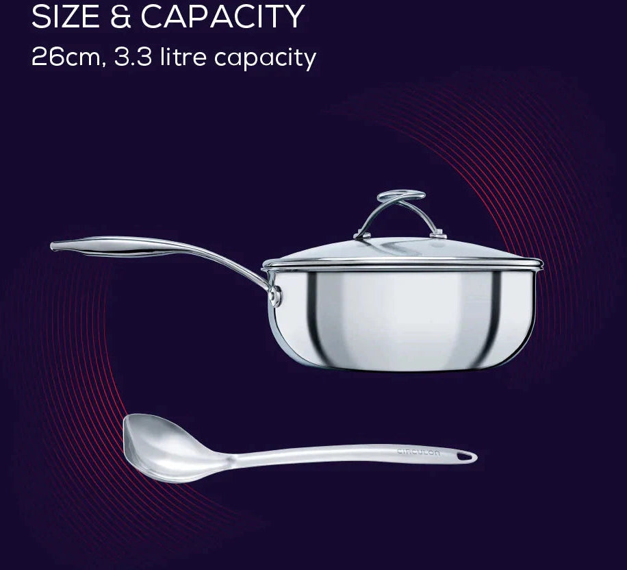 Circulon - 3.5 QT, 3.3 L C-Series Tri-Ply Clad Covered Nonstick Chef Pan with Lid and Stainless-Steel Scraping Spoon - 30017