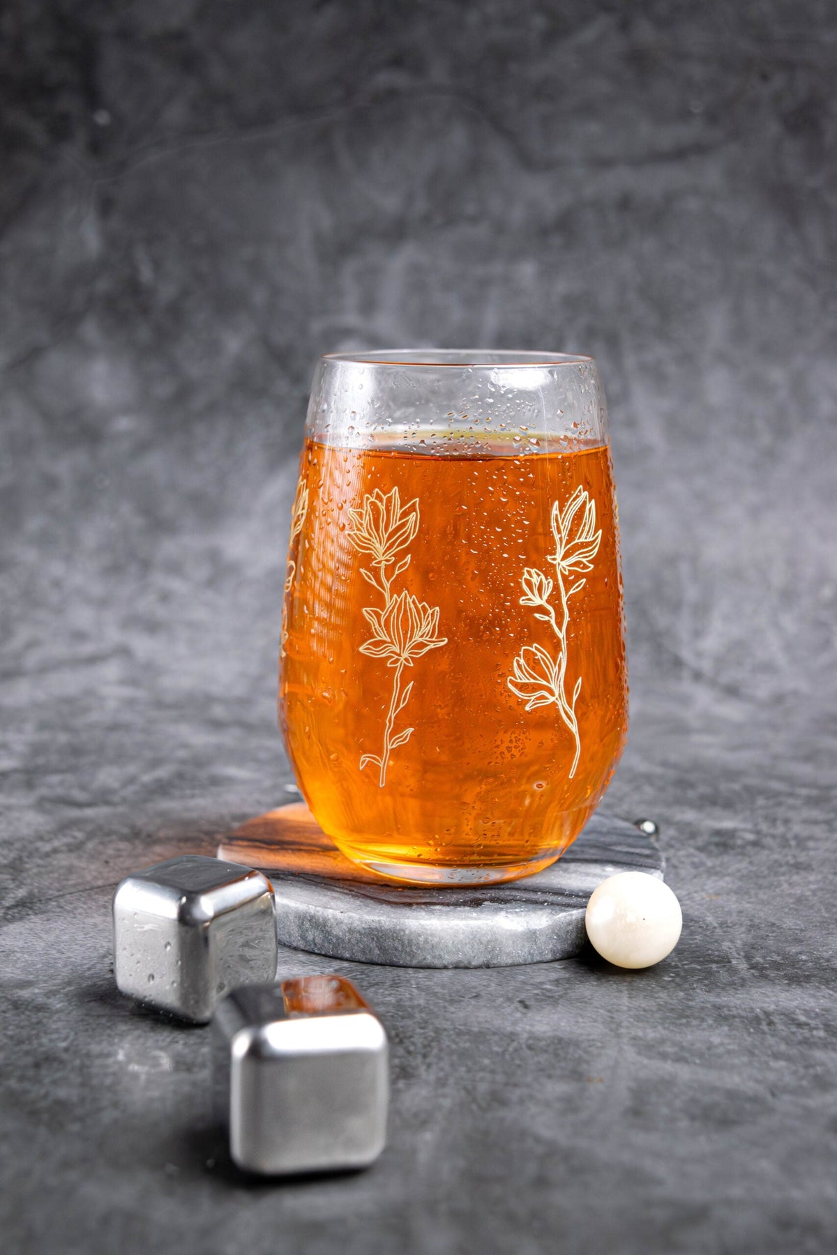 Cuisivin - 13 Oz Designed Glassware Golden Floral Stemless Glass, Pack of 6 BB - 8311GF