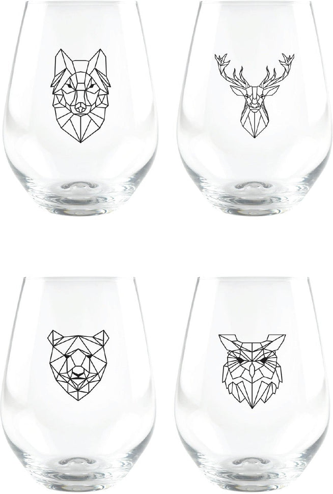 Cuisivin - 18 oz Geometric Animal Stemless Wine Glass, Pack of 4 - 8502GEOAN