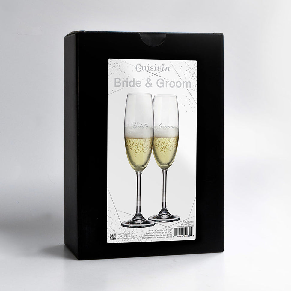 Cuisivin - 7.5 oz Bride & Groom Champagne Flute Glass, Pack of 2 - 8465BG