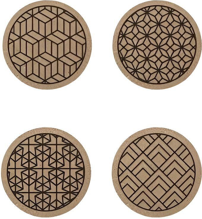 Cuisivin - Corky Round Geometric Print Coaster With Holder, Pack of 4 - 4630GEO